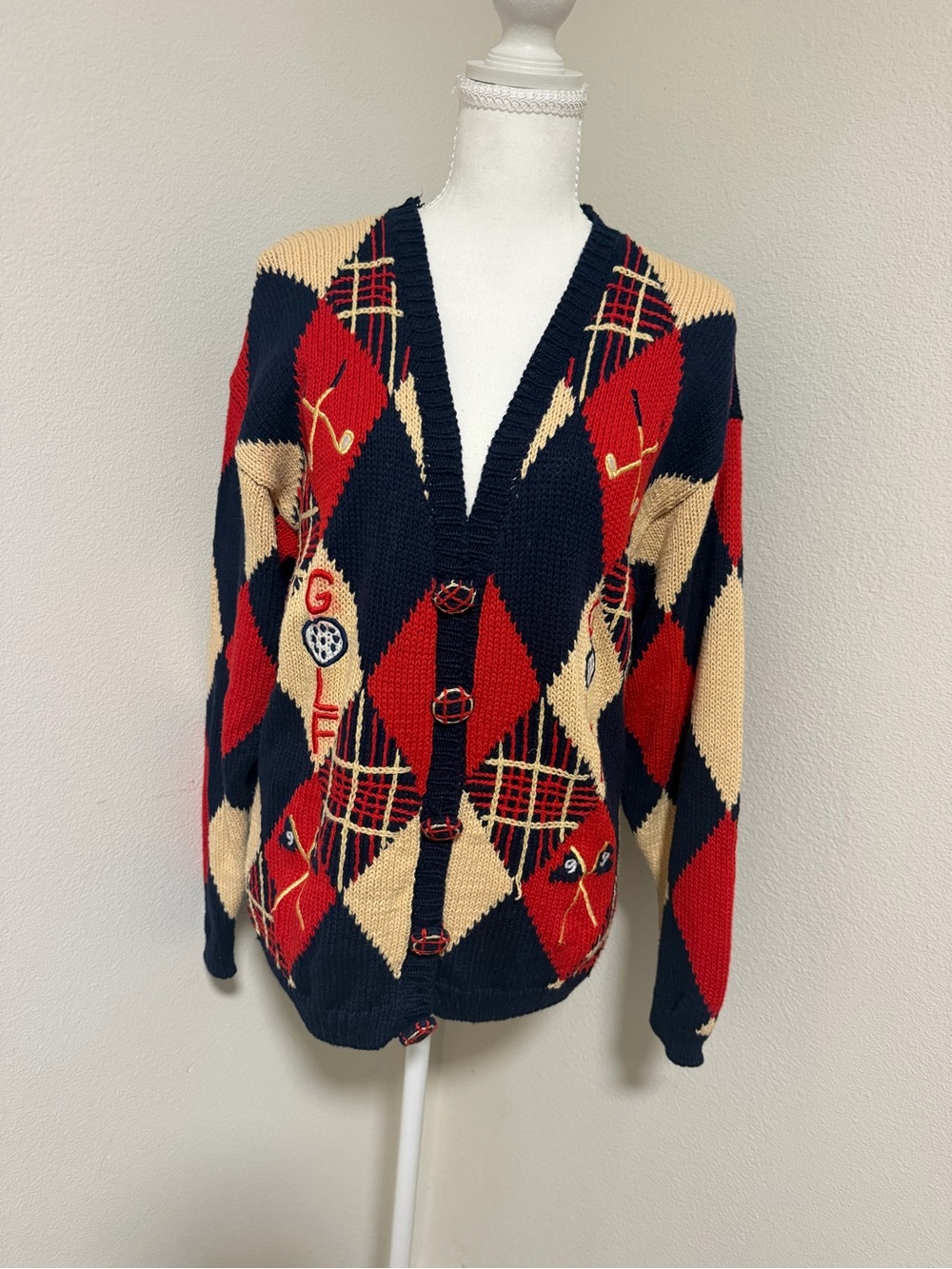 Embroidered Golf ⛳️ Argyle V-Neck Cardigan Sweater Vintage Navy, Red Cream Rare